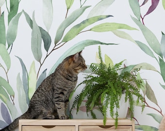 Watercolor leaves wallpaper, green botanical mural | Self Adhesive | Peel and Stick | Removable Wallpaper