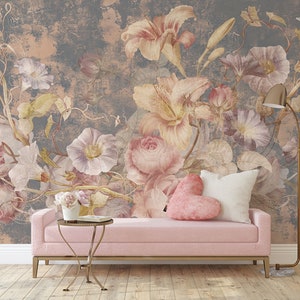 Victorian Floral Grunge Concrete Pink & Gray Wall Mural • Peel and Stick *self adhesive* or Non-Pasted Vinyl Materials •