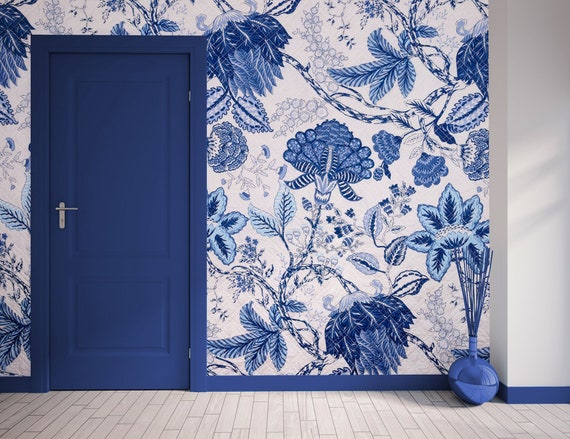 White and Blue Wallpaper With Beautiful Floral Motive Self - Etsy White and Blue Wallpaper With Beautiful Floral Motive Self - Etsy