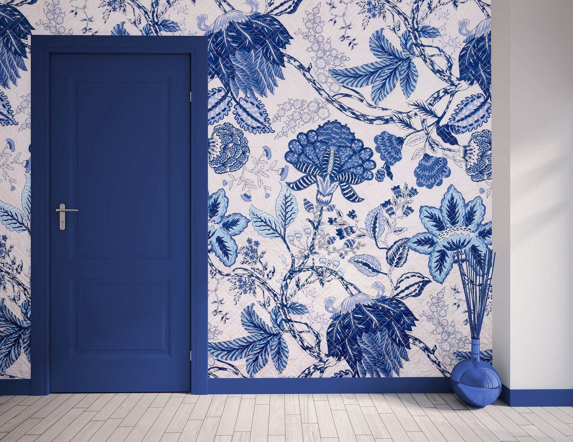 White and Blue Wallpaper With Beautiful Floral Motive Self Etsy