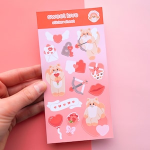 Hoja de pegatinas lindas kawaii pastel carta de amor corazón día de San Valentín beso flores pegatinas Deco Polco diario planificador scrapbooking estético