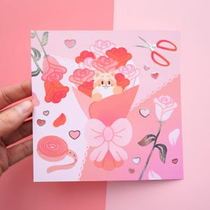 Impresión artística laminada con un lindo kawaii pastel, carta de amor, corazón, beso de San Valentín, flores, dorado, plateado, metálico, brillante, póster para pared, decoración del hogar.
