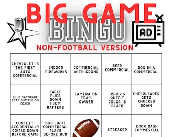 Big Game American Football Bingo Non Football Commercials and Half Time Version 10 different cards good for all ages