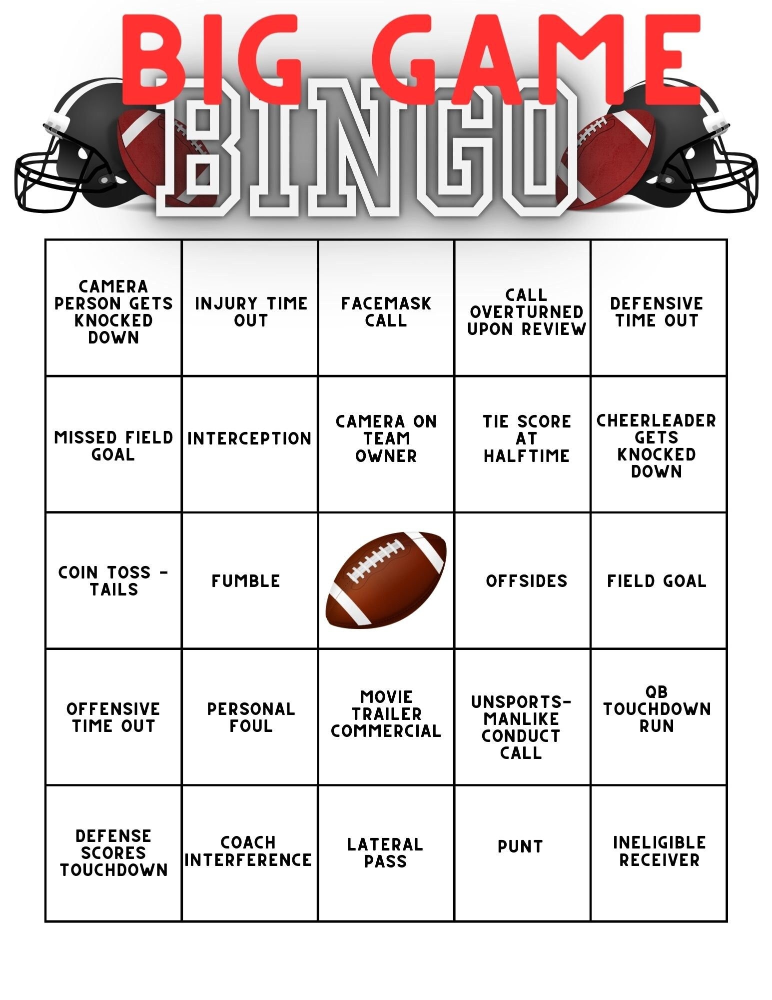 Big Game American Football Bingo 10 different cards good for all ages
