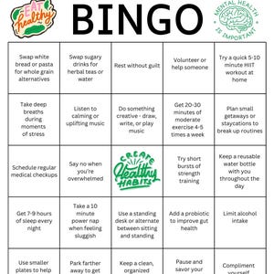 Healthy Habits Bingo health class New Years Resolutions
