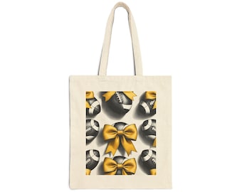 Fun Coquette Football Tote Bag with Golden Bows, Perfect for Gifts, Shopping, or Tailgating- Eco-Friendly Cotton Canvas