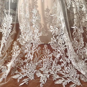 Luxus Silber Braut Spitze, Elfenbein Perlen Brautkleid Stoff, Perlen Couture Spitze, Off-White Brautkleid Stickerei, Hochzeitskleid Applikation