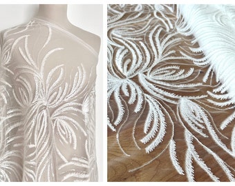 Lace fabric with leaves, embroidery leaves lace, sequin lace fabric, off-white lace fabric, ivory wedding lace, bridal lace, L1014