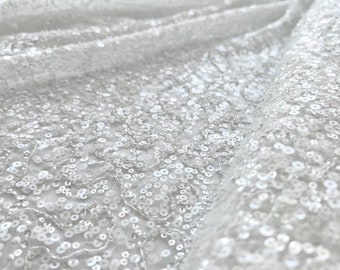 Beaded ivory bridal lace fabric, Wedding lace with sequins, Bridal fabric by the yard, L1020