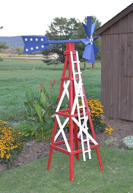 Amish-Made 82" Patriotic Style Wooden Farm Windmill Yard Decorations