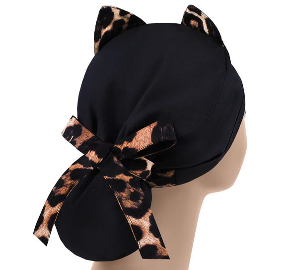 Cat Ears Scrub Caps, Leopard Surgical Nurse Hat, Ponytal Surgery Hats, Cheetah Theatre Cap