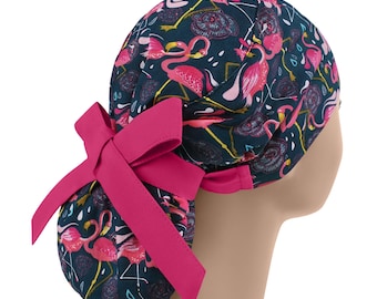 Scrub cap, scrub hat, womens scrub caps, scrub hats for women, flamingo ponytail