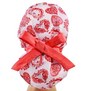 Scrub caps, or scrub hats, surgical cap women, womens scrub hat, hearts ponytail