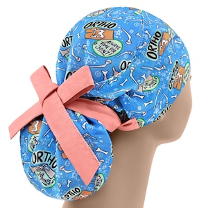 Scrub cap long hair, ponytail nurse cap, bones surgical hats, scrub hat for woman, traumatology cap, orthopedic scrub cap, ortho