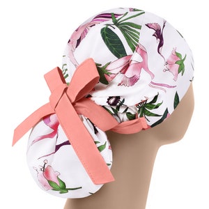 Medical cap bird, surgical hat flowers, womens scrub caps, scrub hats long hair, nurse cap, hummingbird ponytail