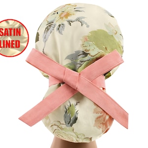 Satin lined ponytail, scrub caps, surgical cap women, scrub hats, nurse cap, floral scrub hat