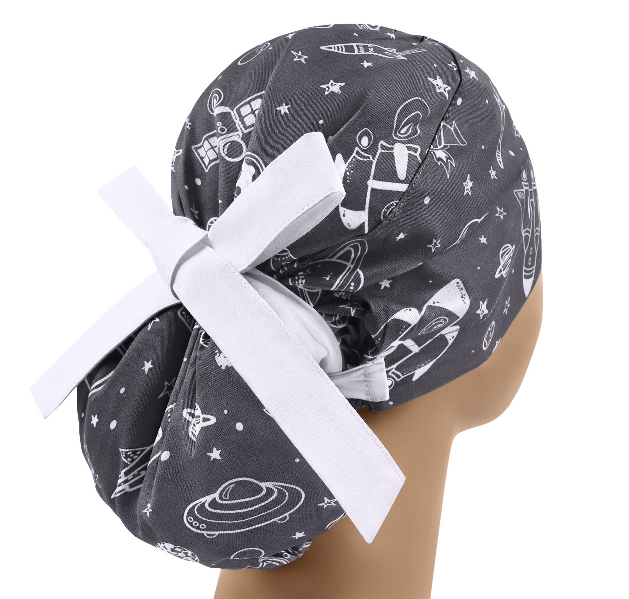 Scrub hats space, nurse scrub cap, surgical scrub hat, womens scrub caps, spaceship ponytail, planet