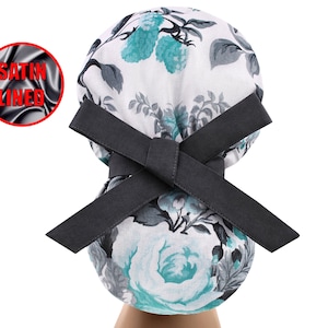 Satin lined ponytail, scrub caps, surgical cap women, scrub hats, nurse cap, floral scrub hat