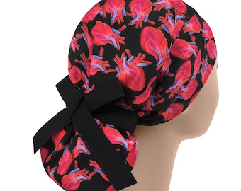 Heart Print Surgical Scrub Caps for Nurses – Adjustable Women’s Hats for Cardiologists, Cardiology – Medical Scrub Cap for Work