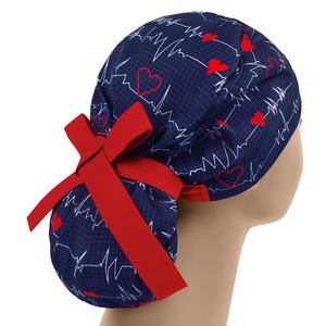 Ponytail scrub cap, cardiogram scrub hat, scrub hats big hair, womens surgery hat, nurse cap heart beat, EKG surgical caps, cardiology