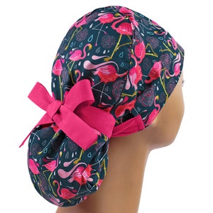 Scrub cap, scrub hat, womens scrub caps, scrub hats for women, flamingo ponytail