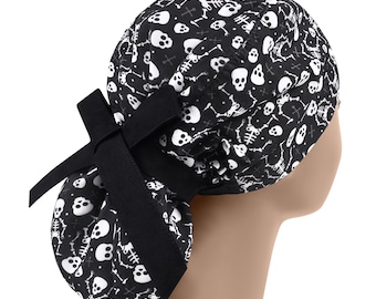 Scrubmutsen voor dames, scrubmuts met skelet, scrubmuts met paardenstaart, scrubmuts voor operatie, hoed schedelverpleegkundige