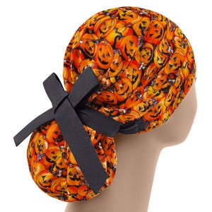 Scrub cap, scrub hat, halloween scrub caps, jack o lantern nurse cap, pumpkin ponytail