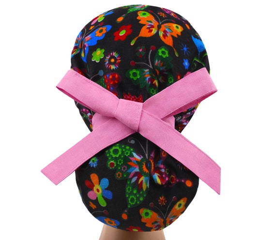 Bright Pink & Butterfly Ribbon Tie Back Scrub Cap Surgical Scrub Hat Women's Euro Style FREE SHIPPING!!