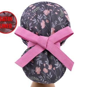 Satin lined ponytail, scrub caps, surgical cap women, scrub hats, nurse cap, floral scrub hat