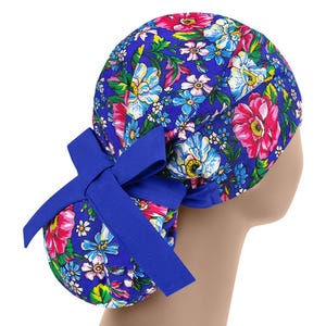 Surgical scrub hats, scrub hat, scrub caps for women, surgeon scrub cap, floral blue ponytail