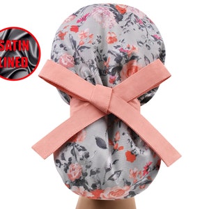 Satin lined ponytail, scrub caps, surgical cap women, scrub hats, nurse cap, floral scrub hat