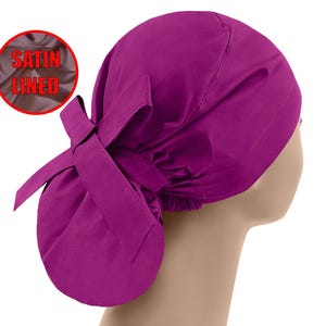 Satin lined ponytail, scrub caps, surgical cap women, scrub hats, nurse cap, fuchsia or hat