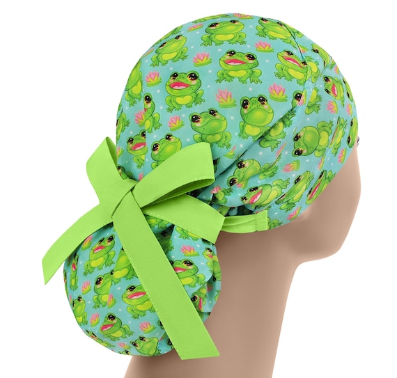 Frog surgical caps, nurse hat big hair, scrub cap funny, long hair scrub hats, ponytail scrub caps, veterinarian cap, medical hat toad