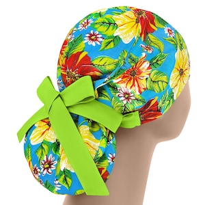 Scrub hats, nurse scrub cap, surgical scrub hat, womens scrub caps, hawaiian ponytail
