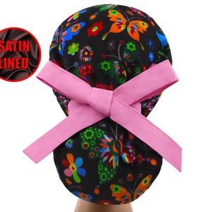 Satin lined ponytail, scrub caps, surgical cap women, scrub hats, nurse cap, butterfly scrub hat