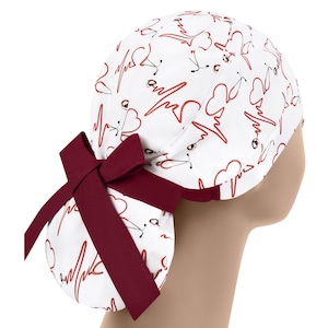 Ekg surgical cap, ponytail scrub hats, scrub caps for women, nurse cap heartbeat, heart surgery hat, cardiologist cap, stethoscope RN hat