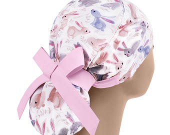 Scrub Caps for Women with Bunny Rabbit print – Ponytail Surgical Hats for Long Hair – Embroidered Nurse Gift with Buttons – Vet Tech Hat