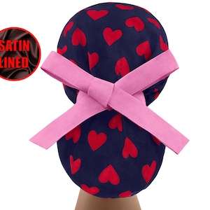 Satin lined ponytail, scrub caps, surgical cap women, scrub hats, nurse cap, hearts scrub hat