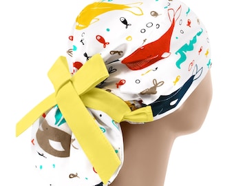 Scrub hats fish, scrub caps long hair, nurse scrub cap, womens scrub hat, whale ponytail