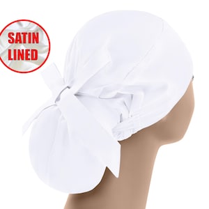 Satin lined ponytail, scrub caps, surgical cap women, scrub hats, nurse cap, white scrub hat