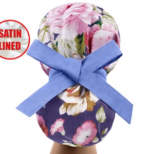 Satin lined ponytail, scrub caps, surgical cap women, scrub hats, nurse cap, floral scrub hat