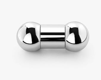 May include: A polished chrome-finished metal object featuring two spherical ends connected by a central cylindrical bar. The surface is highly reflective, showing clear highlights and dark shadows across the smooth, rounded metallic components.
