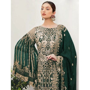 Splendid Green Color Traditional Wear Designer Handmade Trouser Pant Suit Heavy Embroidery Stone Work Pakistani Salwar Kameez Dupatta Dress