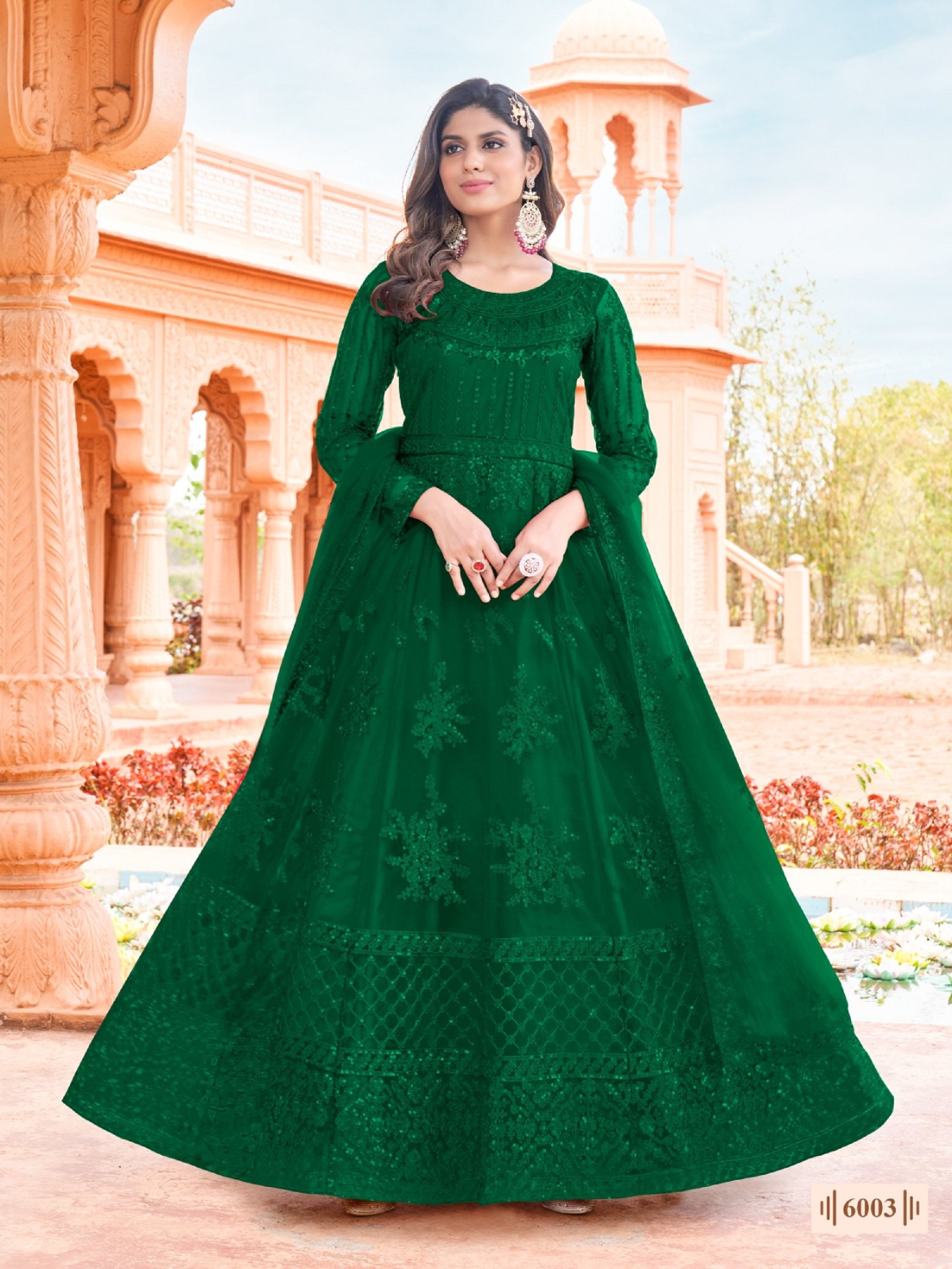 Green and white floral block printed anarkali dress with dupatta - set of  two by Chokhi Bandhani | The Secret Label