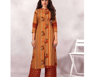 Regular Wear Straight Kurti Plazzo Suits Hand Craft Indian Pakistani Women's Ethnic Wear Beautiful Printed Work Shalwar Kameez Palazzo Dress