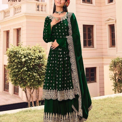 Stylish Women's Wear Sharara Plazzo Dupatta Dress Readymade Heavy Embroidery worked Pakistani Indian Wedding Wear Salwar Kameez Plazzo shops Suits