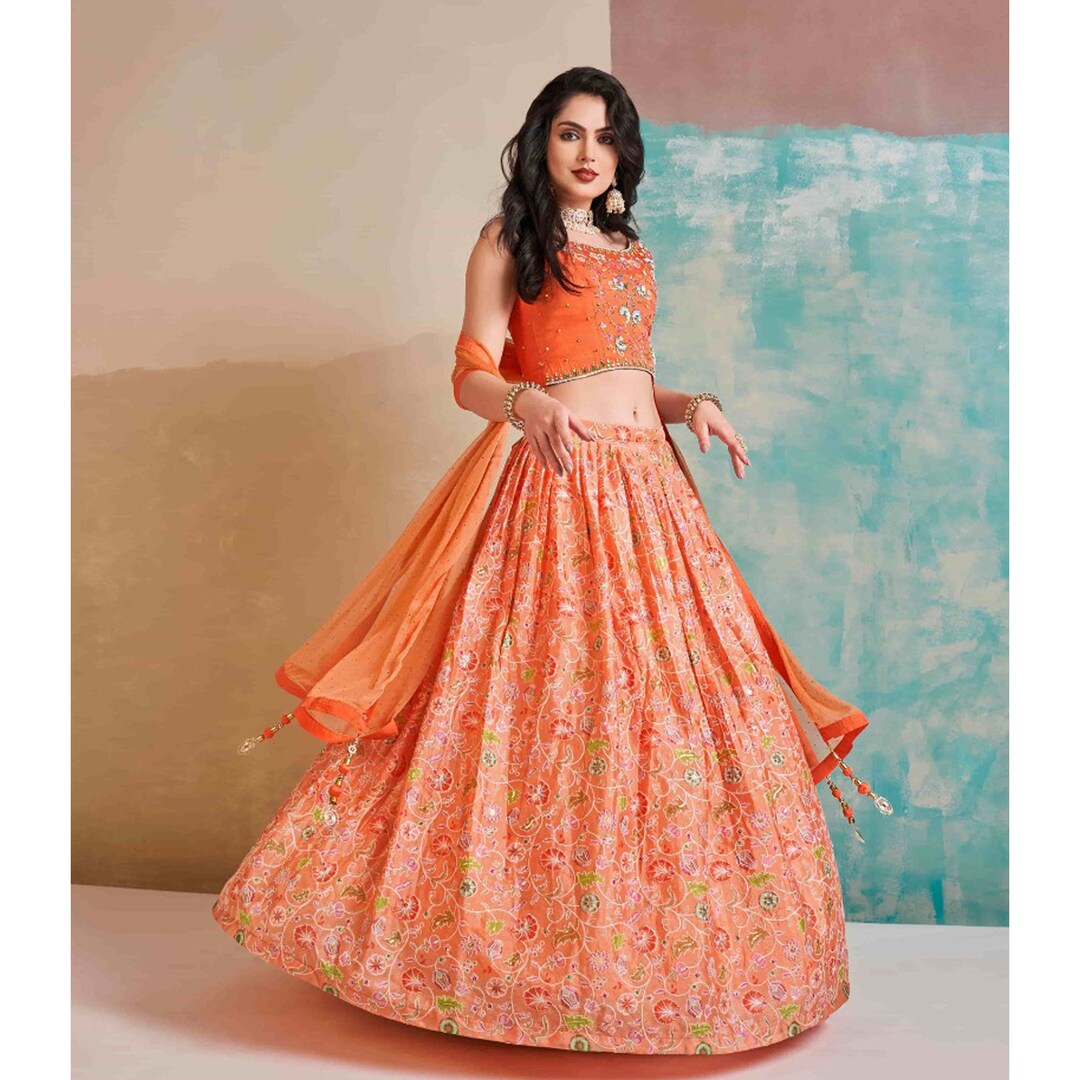 Orange Color Beautiful Handmade Indian Lehenga Choli Suits Bridal Wear