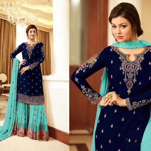 Blue Color Designer Outfits Sharara Palazzo Suits Pakistani Indian Wedding Wear Beautiful Heavy Embroidery Work Shalwar Kameez Dupatta Dress