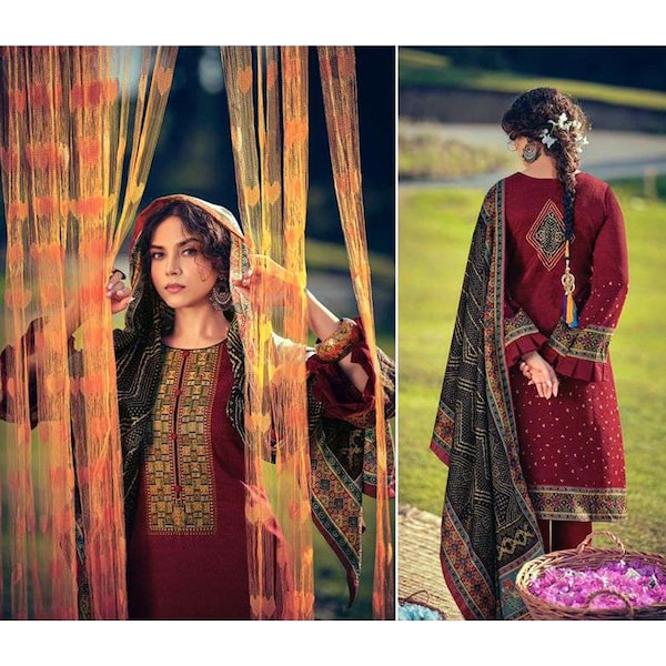 Red Maroon Color Pakistani Wear Handmade Cotton Salwar Kameez Suits Ramadan Eid Special Salwar Kameez Pant Suit Women's Regular Wear Dresses