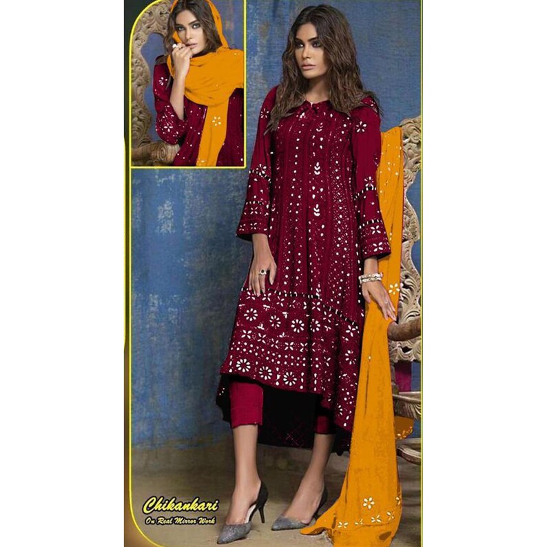 Real Mirror Worked Black Color New Designer Chikankari Anarkali Trouser Suit Stitched Pakistani Wear Up Down Anarkali Kurti Plazo Pant Dress
